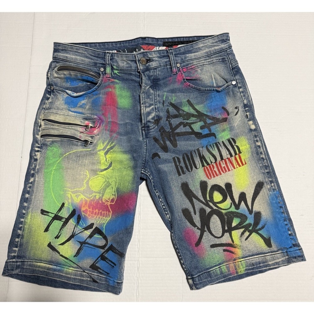 ROCKSTAR ORIGINAL New York Hype Denim Jean Shorts Blue 32 Y2k Hip-hop Streetwear